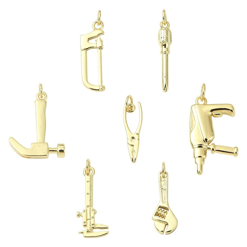 2887 14 pcs 7 Styles Tool Theme Brass Charms Hammer Wrench Pliers Saw